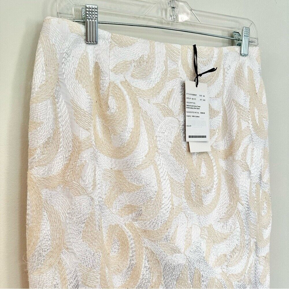 Worth Embroidered Slim Pencil Skirt Women's 6 Cream Ivory 100% Cotton Career NWT
